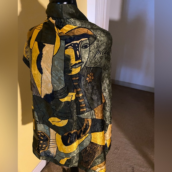 Accessories - Abstract Art Print Silk-Look Scarf in Olive, Mustard & Black